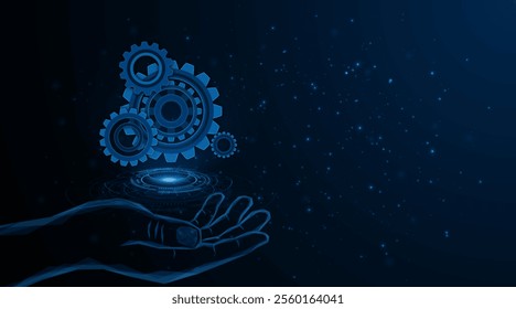 Abstract hand is holding an gear or cog icon. Concepts of mechanical engineering technology and the engine industry of the future.	