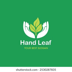 Mano Abstractas sosteniendo la hoja, logotipo para caridades ecológicas y proyectos sociales