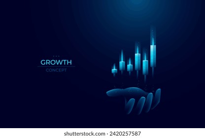 Abstract hand holding light blue candlestick hologram on a palm. Stock market and Trade concept on technology background. Trader holds Japanese candles. Forex grow graph chart. Vector illustration.