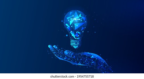 Abstrakte Hand, die eine Glühbirne hält. Das Triangle-Symbol der Internettechnologie ist ein Konzept für ein polygonales Netzwerk. Eine Idee, Elektrizität, Innovation, oder andere konzeptionelle Illustration oder Hintergrund.