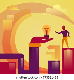 Abstract Hand Holding Light Bulb Business Man New Startup Idea Development Concept Vector Illustration