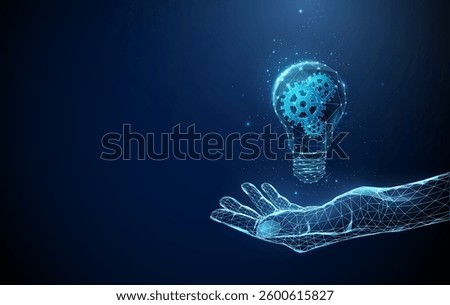 Abstract hand holding light bulb with cog wheels inside. Low poly style. AI solution concept. Blue geometric background. Wireframe light connection structure. Modern 3d graphic concept. Vector