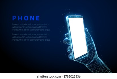 Abstract hand holding mobile phone with white empty screen. Low poly style design. Geometric background. Wireframe light connection structure. Modern 3d graphic concept. Isolated vector illustration.