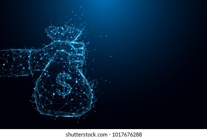 Abstract hand holding a money bag form lines and triangles, point connecting network on blue background. Illustration vector