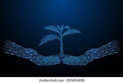 Abstract hand holding sapling. Tree day concept and environmental care. Low poly style design with connection points. Vector illustration.
