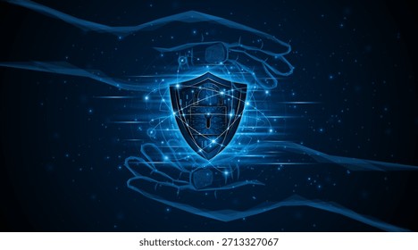 Abstract hand holding shield and lock symbol of data protection and cyber privacy. Network security system. Advanced security technology innovation concept background	