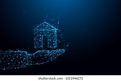 Abstract Hand holding a small house form lines and triangles, point connecting network on blue background. Illustration vector