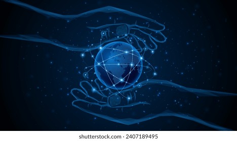 Abstract hand holding the world. Global connection network. World map. Internet technology concept or global communication.	