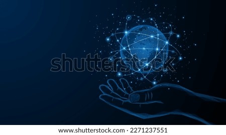 Abstract hand holding the world. Global connection network. World map. Internet technology concept or global communication.
