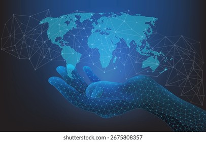 Abstract hand holding world map blue background, surrounded by a data network. Futuristic concept of global technology.