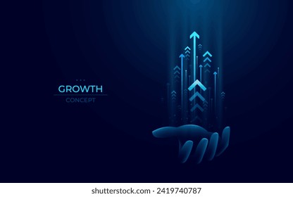 Abstract hand holds bright light blue technology speed arrows on a palm. Arrows launch up. Tech growth and innovation. Business and financial concept. Digital futuristic vector illustration. 