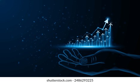 Abstract hand holds a stock market graph with rising candles for future company growth. Business expansion concept or profitable investment.