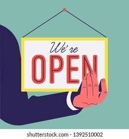 Abstract hand just turned 'We're Open' Sign. Retail or service based business start up concept vector illustration