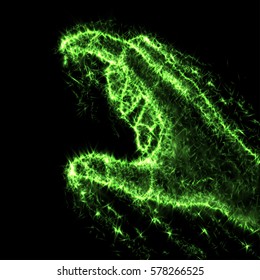 Abstract hand from light particles, 3D arm. Vector illustration.