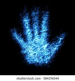 Abstract hand from light particles, 3D arm. Vector illustration.