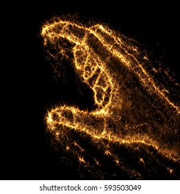 Abstract hand from light particles, 3D arm. Vector illustration