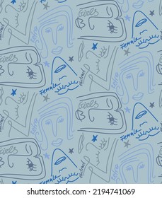 Abstract Hand Line Drawing Woman Girl Portraits Stars and Text Doodle Seamless Retro Vector Pattern Isolated Background
