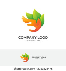 abstract hand logo with leaf design template combination, 3d colorful style