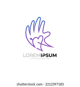 Logo de la mano abstracta y diseño de amor, icono de cuidado de manos social