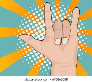 abstract hand with love sign comic book, pop art background vector illustration