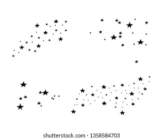 Abstract hand made falling stars. Black stars on a white background. Star shooting with an elegant star. Meteoroid, comet, asteroid, stars. Stardust trail, comet line. Vector illustration