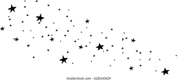 Abstract hand made falling stars. Black stars on a white background. Star shooting with an elegant star. Meteoroid, comet, asteroid, stars. Stardust trail, comet line. Vector illustration