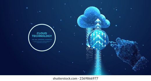 Abstrakte Hand mit Lupe und digitaler Cloud, Pfeile nach oben und unten. Konzept der Datenanalyse Cloud-Computing-Technologie. Low-Poly-Wireframe-Vektorgrafik im futuristischen Hologramm-blauen Stil.