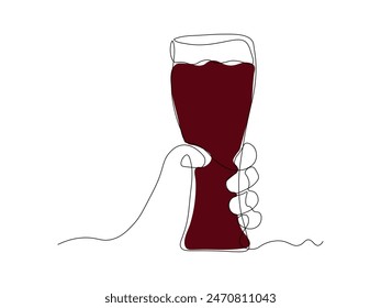 Abstract hand with mug, glass beer,continuous single line art drawing sketch, logo