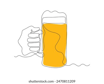 Abstract hand with mug, glass beer,continuous single line art drawing sketch, logo
