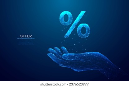 Abstract hand and offer discount icon. Percent blue hologram on a close-up human palm. Percentage symbol. Finance and Tax concept. Low Poly wireframe vector illustration in futuristic style.