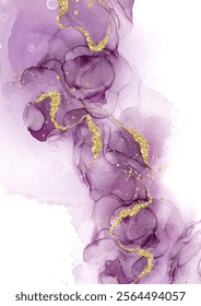 Abstract hand painted alcohol ink background with gold glitter elements 