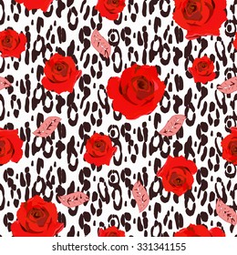 Abstract hand painted animal background. Vector animal skin with red roses and leaves on white background. Seamless pattern.