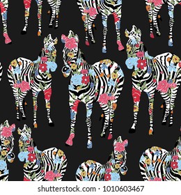 Abstract hand painted animals seamless pattern. Zebras with colorful flowers on black background. Vector.
