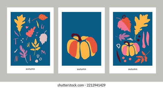 Abstract hand painted autumn Matisse inspired modern premade posters. Abstract simple leaves and branches illustrations. Banner, posters, social media template