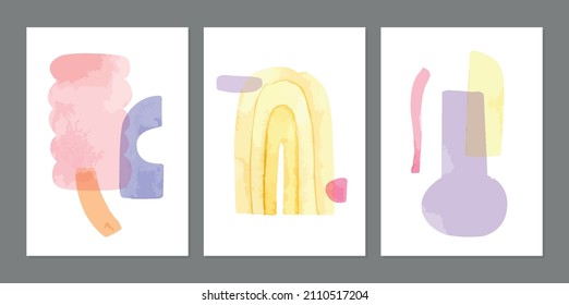 Abstract hand painted boho shapes painting, modern pastel watercolor framed posters, watercolour seamless pattern background isolated on white background. Fun and creative colourful geometry shapes
