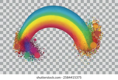 Abstract hand painted colorful rainbow. Rainbow arc in watercolor with splashes on a transparent background