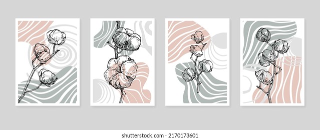 Сotton Abstract Hand Painted Illustrations for Wall Decoration, Postcard, Social Media Banner, Brochure Cover Design Background. Modern Abstract Painting Artwork. Vector Pattern
