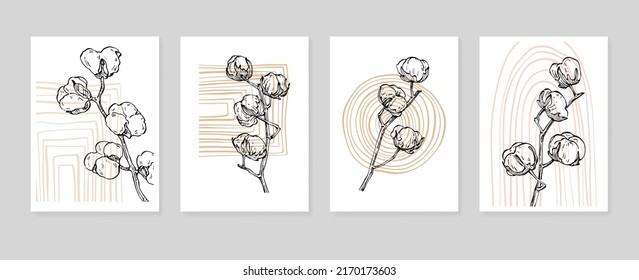 Сotton Abstract Hand Painted Illustrations for Wall Decoration, Postcard, Social Media Banner, Brochure Cover Design Background. Modern Abstract Painting Artwork. Vector Pattern