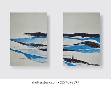 Resumen Ilustraciones pintadas a mano para la decoración de paredes, postal, conjunto de banners de medios a color azul, fondo de diseño de portada de folletos. Ilustración Moderna De Patrón Vector De Pintura Abstracta.