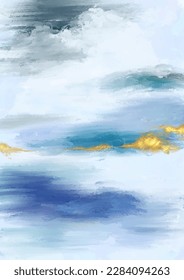 paisaje de playa de medios mixtos pintados a mano abstracto con elementos de lámina dorada
