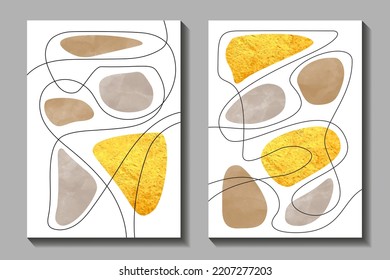 Abstract hand painted poster with black line, watercolor and gold. Art background for postcard, brochure, cards, flyer. Creative vector modern minimalist artistic illustration with watercolour texture