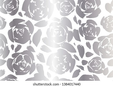 Abstract hand painted roses silhouettes with silver foil effect. Seamless vector pattern. Great for home decor, apparel, stationery.