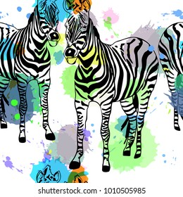 Abstract hand painted seamless animal background. Zebra pattern with splashes of imitation of watercolor. Vector.