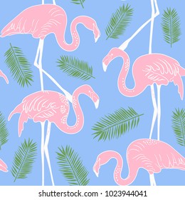 Abstract hand painted seamless animal background.Isolated pink Flamingo birds with palm leaves. Vector illustration.
