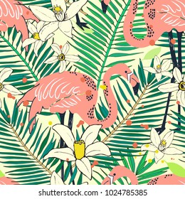 Abstract hand painted seamless animal background. Isolated pink birds Flamingo tropical pattern with palm leaves. Vector illustration.