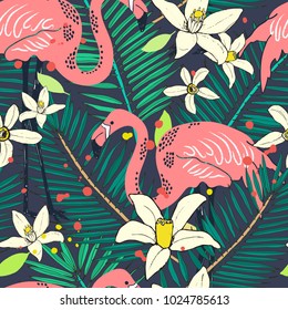 Abstract hand painted seamless animal background. Isolated pink birds Flamingo tropical pattern with palm leaves. Vector illustration.