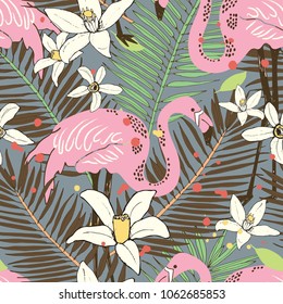 Abstract hand painted seamless animal background. Isolated birds Flamingo tropical pattern with palm leaves. Vector illustration.