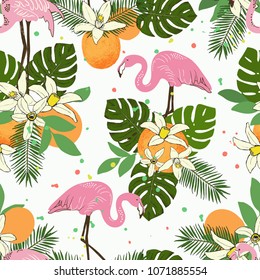 Abstract hand painted seamless animal background. Isolated birds Flamingo tropical pattern with palms, oranges, leaves. Vector illustration.