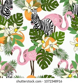 Abstract hand painted seamless animal background. Isolated flamingo, zebras tropical pattern with palms, oranges, leaves. Vector illustration.