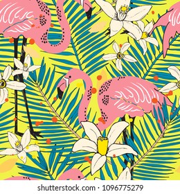 Abstract hand painted seamless animal background. Isolated birds Flamingo tropical pattern with palms leaves. Vector illustration.